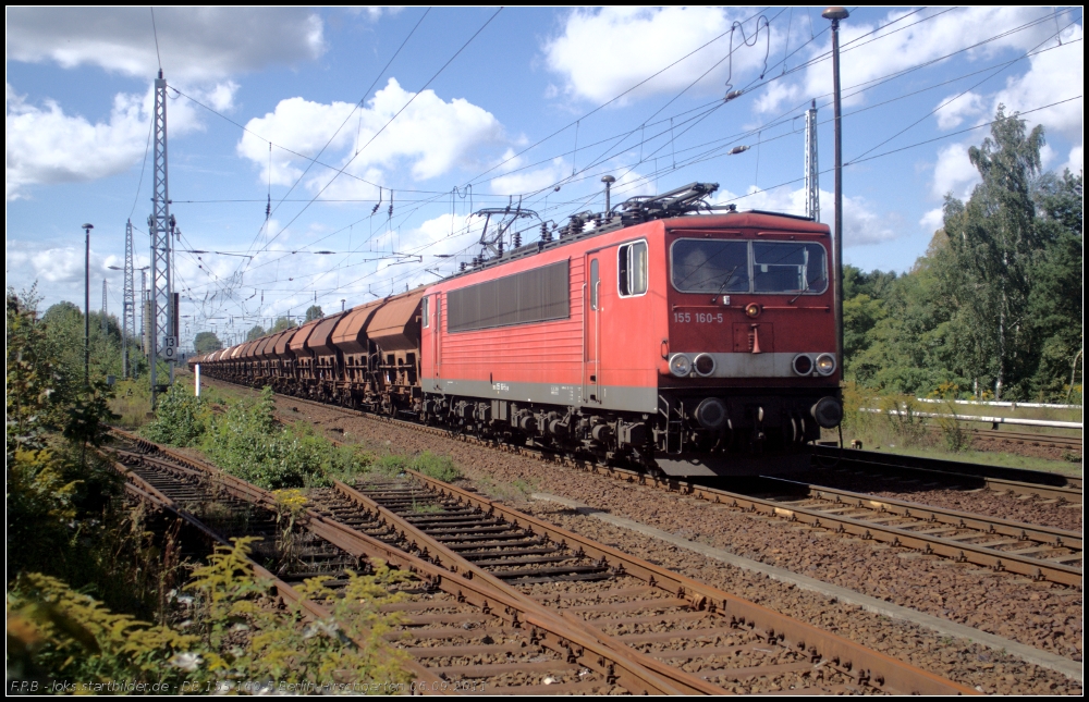 DB Schenker 155 160-5 mit Schüttgutwagen Richtung Erkner am 06.09.2011 in Berlin Hirschgarten
<br><br>
- Update: 02/2012 in Seelze Rbf z; 10.02.2013 bei Bender in Opladen; 05.03.2013 ++