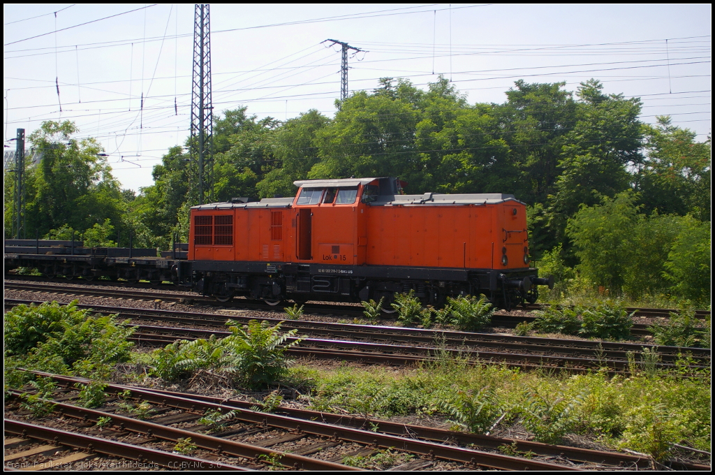 SKL 202 219 solo in Magdeburg, 16.07.2013. Eine l�ngere Geschichte hat diese V100.1 aufzuweisen. 1970 als 110 219 an die DR ausgeliefert und im Bw Leipzig S�d stationiert. Im Bw Nordhausen erfolgte 1980 der Umbau in 112 219. 1992 dann die Umzeichnung in 202 219 (DBAG GB Traktion). 1998 ging die Lok zur DBAG GB Nahverkehr und war bis zur z-Stellung am 30.05.2000 bei DB Regio im Einsatz. Die Ausmusterung im Bh Meiningen erfolgte dann am 31.05.2000. Die Fa. Schienenfahrzeugzentrum Stendal erwarb dann die Lok, bis sie im November 2008 an Redler-Service e. K weiterverkauft wurde (Oberweser  15 ). 2011 fand sie dann bei SKL Umschlagservice Magdeburg GmbH & Co. KG ihre derzeitige Heimat (Magdeburg  4 ). An der Lok selbst steht noch  Lok 15  (NVR-Nummer 92 80 1202 219-2 D-SKLUS)