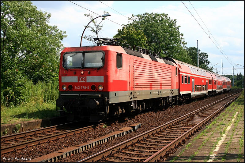 DB 143 278-0 mit RB21 Wustermark in Potsdam Marquardt, 16.07.2009
<br><br>
DB Regio AG - RL Südost Dresden; Update: abgestellt Dresden-Altstadt; 04/2012: Reparatur und Umbeheimatung nach Cottbus, 2015 in Dresden-Alstadt z; ++ 23.03.2016