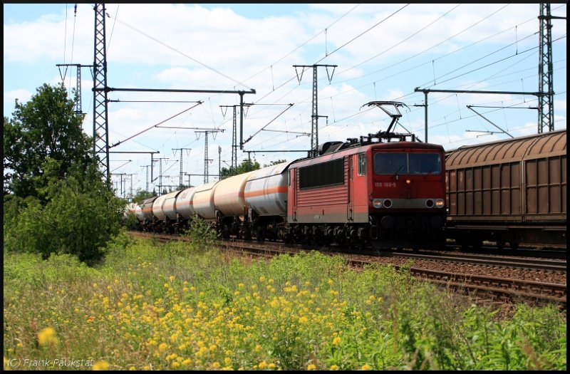 DB Schenker 155 160-5 ohne Logo/Beschriftung mit einem Kesselwagenzug (Golm, 17.06.2009)
<br><br>
- Update 02/2012 in Seelze Rbf zI; 10.02.2013 bei Bender in Opladen; 05.03.2013 ++