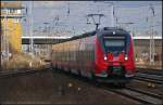 So sah es h�ufiger aus: vorne Schatten und hinten Sonne. So auch bei DB 442 328 als RE7 W�nsdorf-Waldstadt am 07.04.2013 in Berlin Sch�nefeld Flughafen