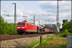 DB Cargo 145 063 fuhr mit einem gemischten G�terzug am 21.05.2016 durch die Elbbr�cke bei Magdeburg