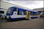 Im typischen blau-wei� der Niederbarnimer Eisenbahn pr�sentiert sich der modernisierte VT 011 / 650 543-1 auf der InnoTrans 2014 in Berlin (NVR-Nummer 95 80 0650 543-1 D-NEBB).