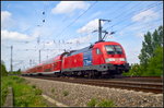 DB 182 010 mit Teilwerbung zur Ruder-Europameisterschaft in Brandenburg mit dem RE1 Magdeburg Hbf am 21.05.2016 an der Kreuzung Elbbrücke