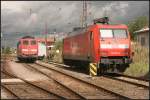 Zweimal 001: DB Schenker 152 001-4 und 151 001-5 in der Fahrzeugausstellung beim Tag der offen T�r im Kombiwerk (10 Jahre Kombiwerk Magdeburg-Rothensee 17.09.2010)